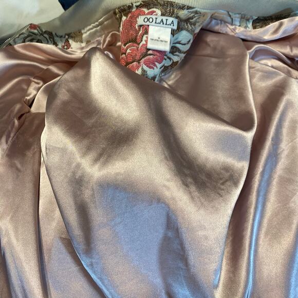 OO LALA Satin Floral Embroidered Bomber Jacket Beaded Medium Statement - Picture 6 of 10